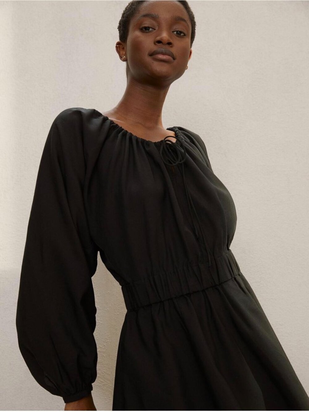 H&M Linen Puff Sleeves Mini Dress Medium Black Elastic Waist Coastal Minimalism